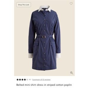 NEW J.Crew Belted Mini Shirt-Dress Striped Cotton Poplin Navy Blue Size 2 Preppy